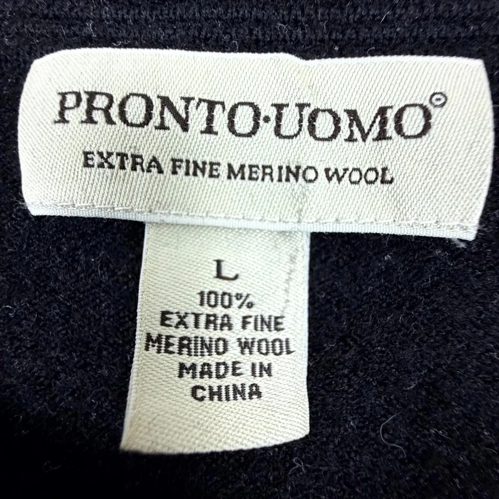 Pronto Uomo Sweater Mens Large Black Merino Wool Extra Fine Ribbed Golf Tennis